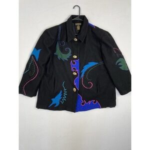 Vintage Allure Coat Black Wool Jacket 2XL Colorful Applique Artsy 80s 90s Boho